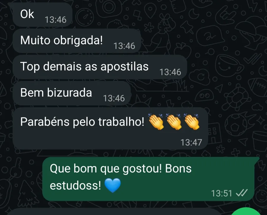 Print de conversa de aluno elogiando o material do Kit Reta Final