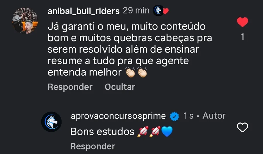 Print de comentário de aluno sobre o conteúdo das fichas