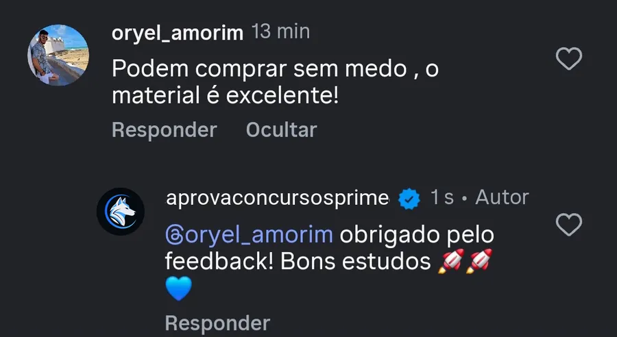 Print de comentário de aluno recomendando o material