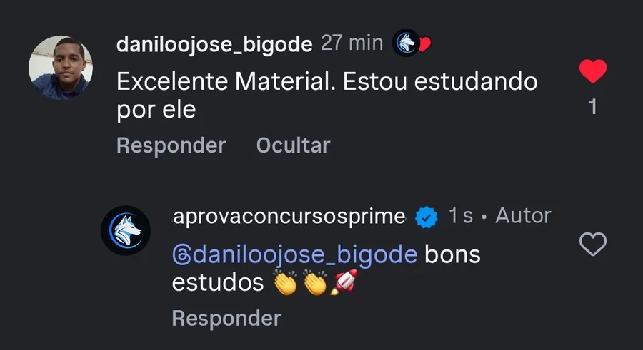 Print de comentário de aluno que está estudando pelo material