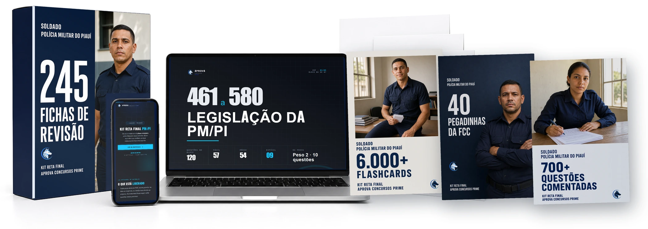 Caixa do Kit Reta Final PM-PI em pé, com as capas das questões, dos flashcards e das
             pegadinhas atrás, uma página de questões aberta no notebook e a área de membros no celular