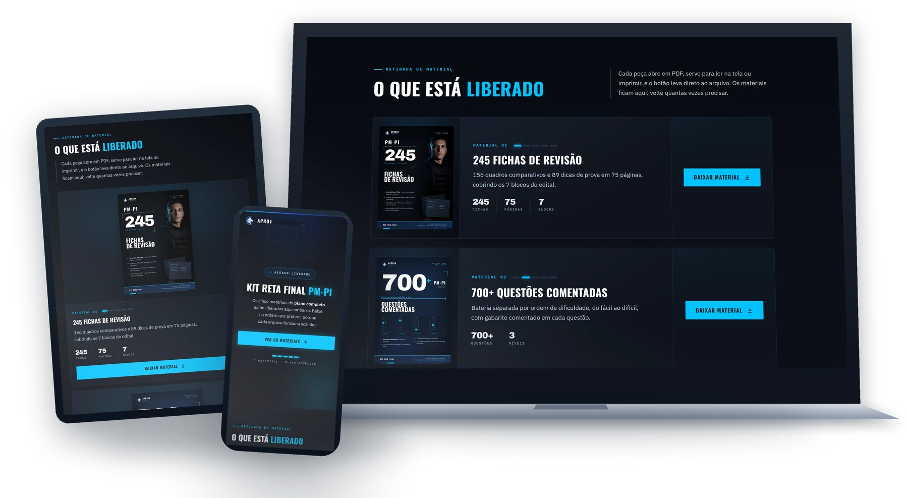 Área de membros do Kit Reta Final PM-PI aberta em notebook, tablet e celular, com a lista
             de materiais e o botão de download de cada um