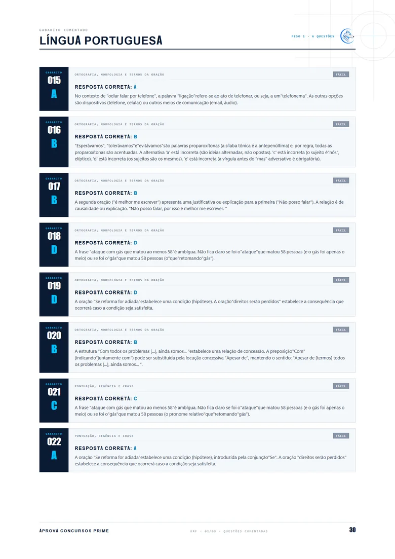 Página de respostas comentadas, uma explicação por questão